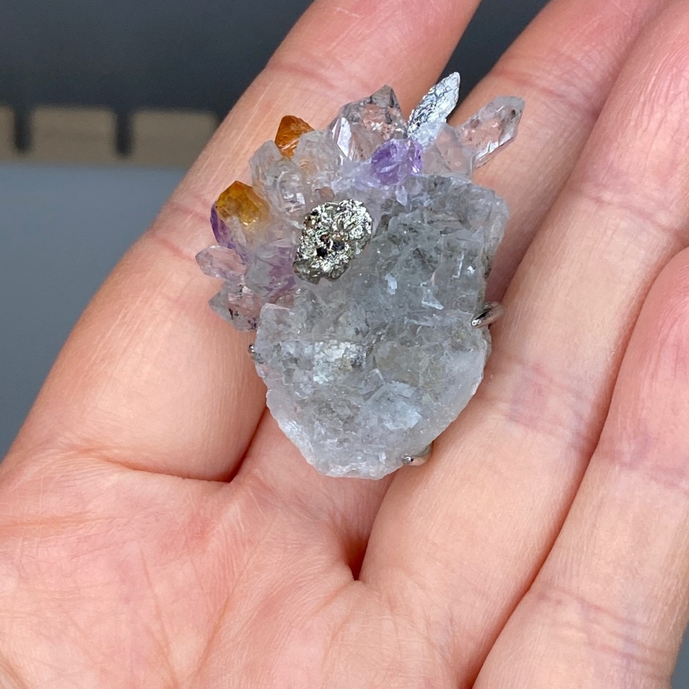 Natural Amethyst & Citrine Crystal Cluster Ring • Raw Pyrite Accent • Herkimer - Picture 7 of 11